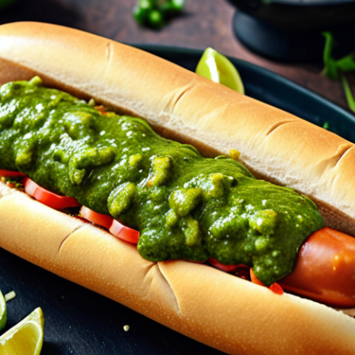 **

A vibrant and appetizing hotdog topped with fresh coriander (cilantro) chutney, featuring visible pieces of coriander leaves, green chilies, ginger, garlic, and a hint of lemon. The hotdog should appear juicy and the chutney should look bright green and freshly made.

**