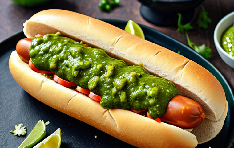 **
A vibrant and appetizing hotdog topped with fresh coriander (cilantro) chutney, featuring visible pieces of coriander leaves, green chilies, ginger, garlic, and a hint of lemon. The hotdog should appear juicy and the chutney should look bright green and freshly made.
**