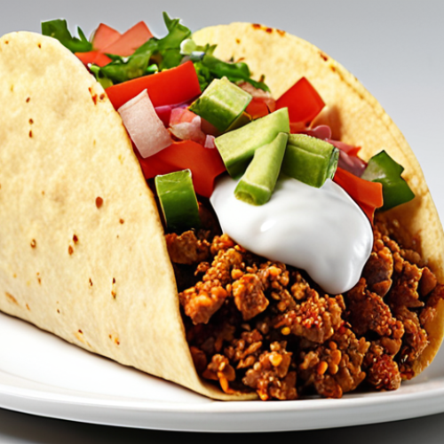Home 24 **Image Prompt:** A vibrant, close-up shot of Taco Bell's new fusion taco. Focus on the textures and colors of the ingredients: seasoned meat, fresh vegetables, and the unique blend of spices. The presentation should be appealing and mouthwatering, highlighting the taco's distinctiveness.