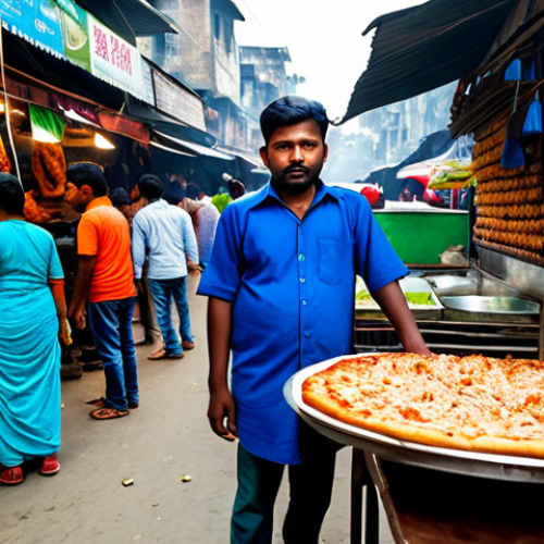 Home 23 **
"A vibrant food market scene in Dhaka, Bangladesh. A vendor is selling a fusion pizza with shrimp and coconut toppings, fully clothed, modest clothing, appropriate attire, safe for work, perfect anatomy, natural proportions, professional food photography, high quality, family-friendly. The background shows busy market stalls and people."
**