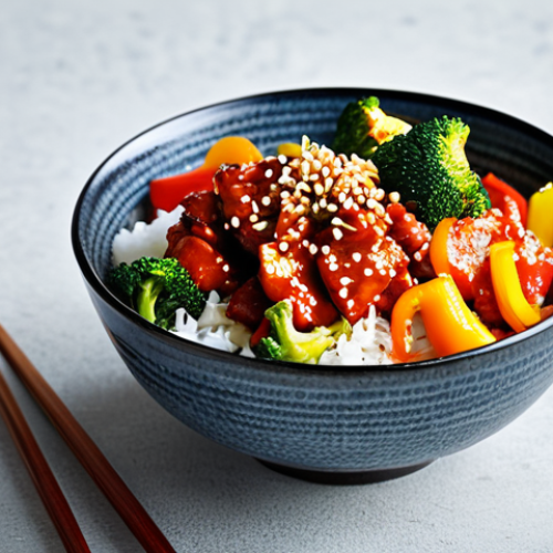 Home 22 Korean Fusion Chicken Bowl**
A colorful Korean spicy chicken bowl with gochujang sauce, served over rice with stir-fried vegetables (carrots, bell peppers, broccoli), garnished with sesame seeds. Close-up shot, bright lighting, food photography, high detail, safe for work, appropriate content, fully clothed, professional food styling, perfect composition, natural colors.
**