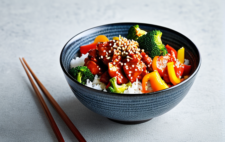 Korean Fusion Chicken Bowl**

A colorful Korean spicy chicken bowl with gochujang sauce, served over rice with stir-fried vegetables (carrots, bell peppers, broccoli), garnished with sesame seeds.  Close-up shot, bright lighting, food photography, high detail, safe for work, appropriate content, fully clothed, professional food styling, perfect composition, natural colors.

**