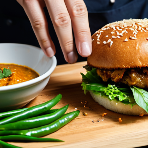 Home 9 Thai Fusion Burger**
"A fully clothed chef presenting a vibrant Thai Fusion Burger, featuring chicken patty with Thai curry paste, coconut milk, and herbs, served on a wooden board, professional food photography, bright studio lighting, safe for work, appropriate content, professional, perfect anatomy, natural proportions, well-formed hands, proper finger count."
**