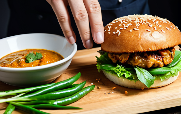 Thai Fusion Burger**

"A fully clothed chef presenting a vibrant Thai Fusion Burger, featuring chicken patty with Thai curry paste, coconut milk, and herbs, served on a wooden board, professional food photography, bright studio lighting, safe for work, appropriate content, professional, perfect anatomy, natural proportions, well-formed hands, proper finger count."

**