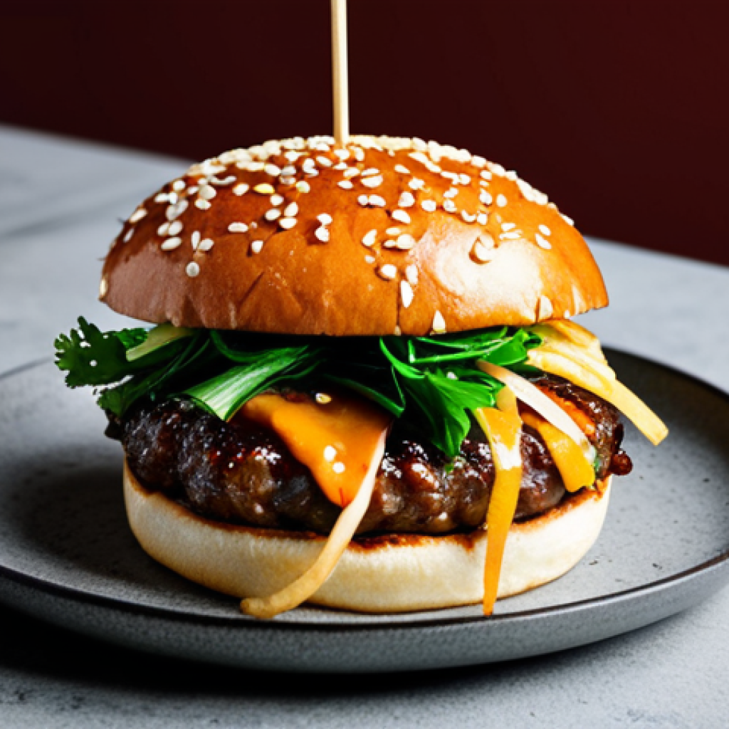 퓨전 버거 주요 원료 분석 - **Image Prompt 1: Vibrant Asian Fusion Burger**
"A mouth-watering, perfectly stacked Asian Fusio...