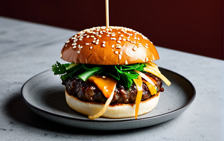 퓨전 버거 주요 원료 분석 - **Image Prompt 1: Vibrant Asian Fusion Burger**
"A mouth-watering, perfectly stacked Asian Fusio...