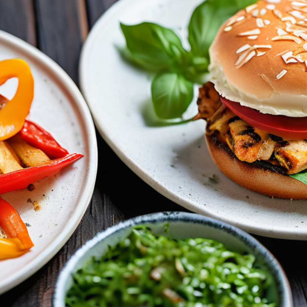 퓨전 패스트푸드에 사용되는 허브 - **Vibrant Fusion Fast Food Platter:**
A top-down, brightly lit, and highly appetizing close-up o...