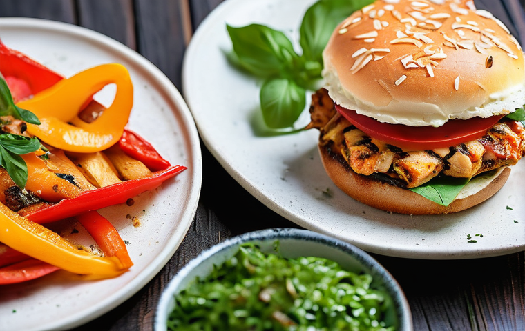 퓨전 패스트푸드에 사용되는 허브 - **Vibrant Fusion Fast Food Platter:**
A top-down, brightly lit, and highly appetizing close-up o...