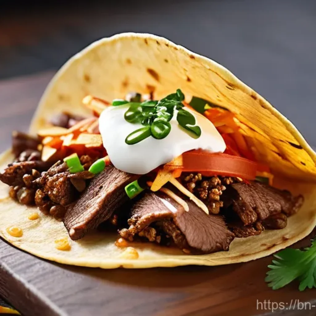 퓨전 타코 브랜드의 성장 - **Vibrant Korean Bulgogi Fusion Taco in a Modern Cafe Setting**
A close-up, top-down shot of a m...
