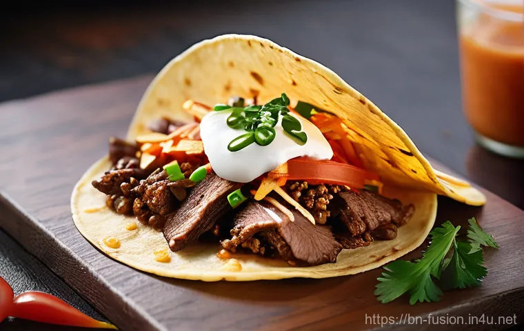 퓨전 타코 브랜드의 성장 - **Vibrant Korean Bulgogi Fusion Taco in a Modern Cafe Setting**
    A close-up, top-down shot of a m...