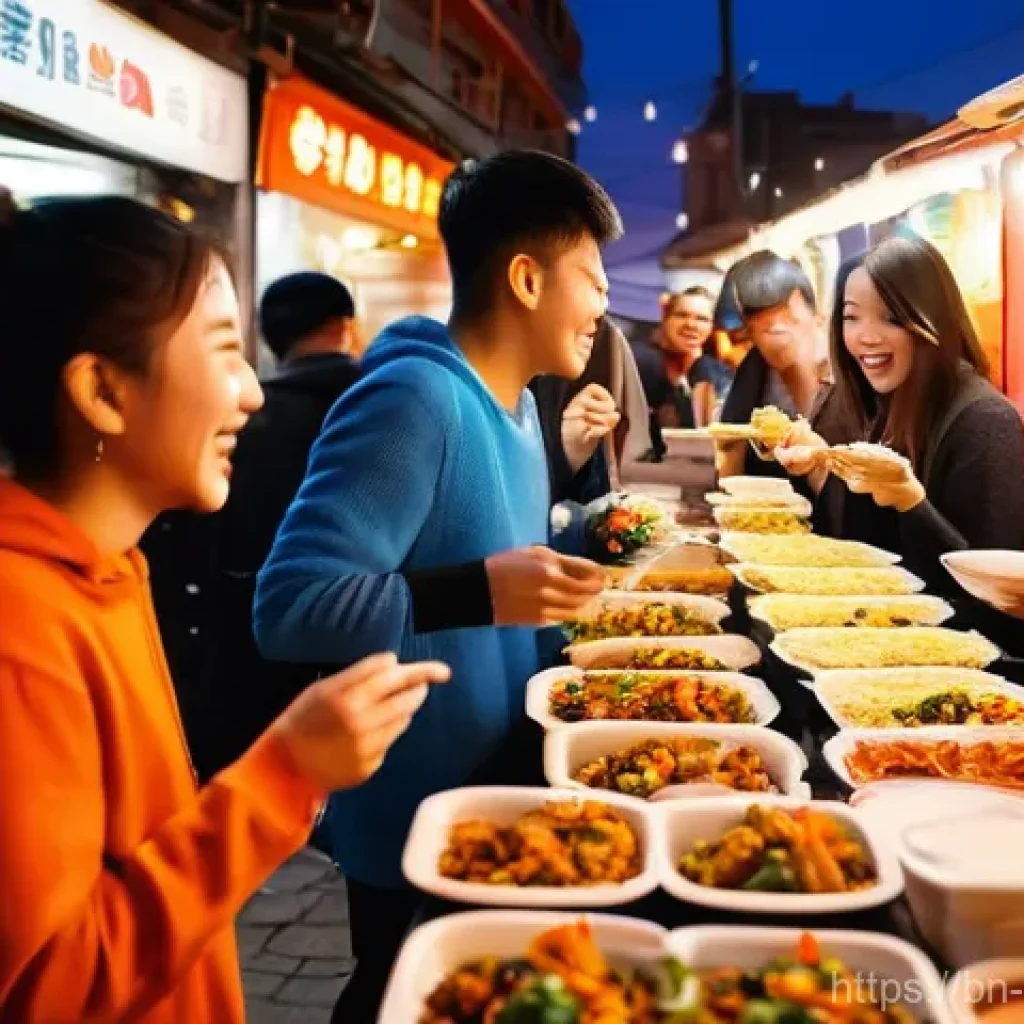 퓨전 패스트푸드와 스낵 조합 - **A vibrant street food scene bustling with young people enjoying fusion snacks.** In the foreground...