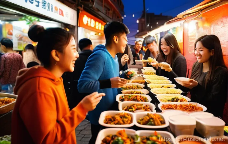 퓨전 패스트푸드와 스낵 조합 - **A vibrant street food scene bustling with young people enjoying fusion snacks.** In the foreground...