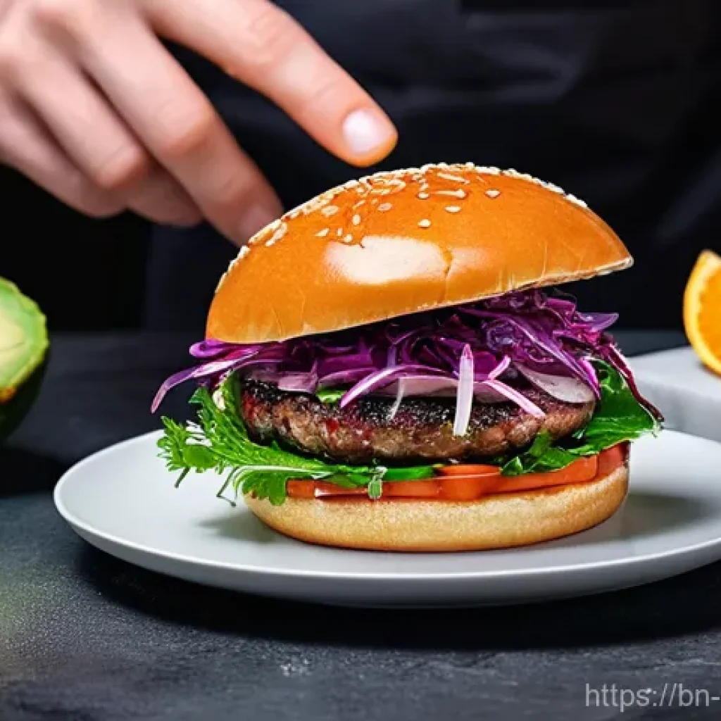 퓨전 버거의 대체육 활용 방법 - **Prompt 1: "The Grand Fusion Burger Creation"**
A close-up, high-angle shot of a chef's hands, ...
