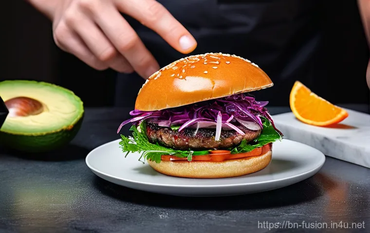 퓨전 버거의 대체육 활용 방법 - **Prompt 1: "The Grand Fusion Burger Creation"**
    A close-up, high-angle shot of a chef's hands, ...