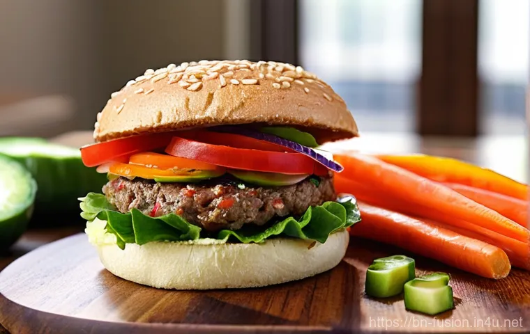 퓨전 버거의 대체육 활용 방법 - **Prompt 1: "The Grand Fusion Burger Creation"**
A close-up, high-angle shot of a chef's hands, ... 퓨전 버거의 대체육 활용 방법 - **Prompt 1: "The Grand Fusion Burger Creation"**
A close-up, high-angle shot of a chef's hands, ...