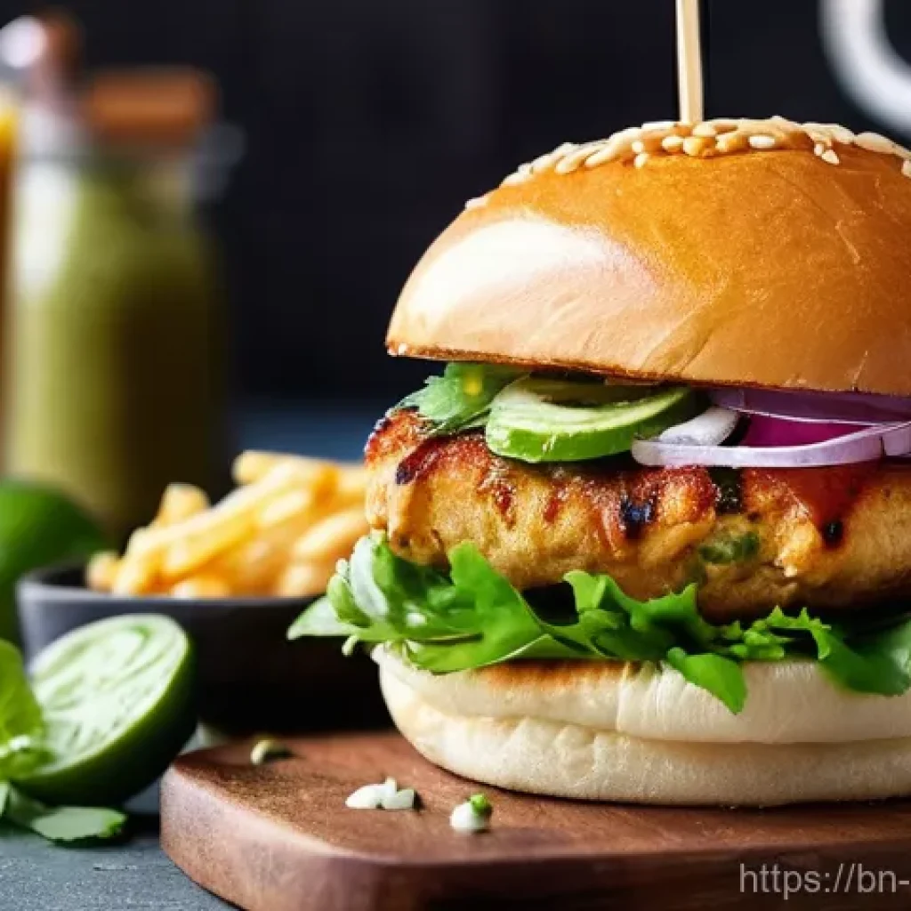 퓨전 버거 브랜드별 단가 - **Prompt: "A vibrant close-up of an Indian-fusion chicken burger, featuring a juicy, spice-marinated...