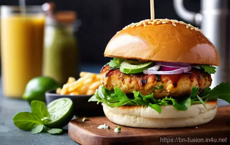퓨전 버거 브랜드별 단가 - **Prompt: "A vibrant close-up of an Indian-fusion chicken burger, featuring a juicy, spice-marinated...