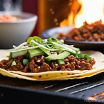 퓨전 타코 원산지 정보 - **A Vibrant Korean Bulgogi Fusion Taco in a Bustling Night Market:**
A close-up, mouth-watering ...