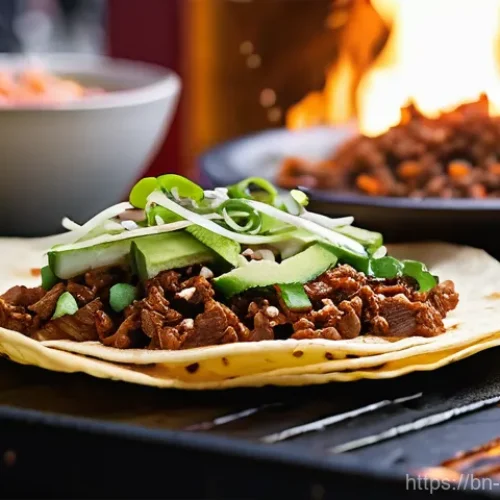 Home 31 퓨전 타코 원산지 정보 - **A Vibrant Korean Bulgogi Fusion Taco in a Bustling Night Market:**
A close-up, mouth-watering ...