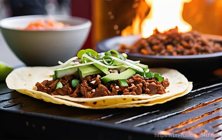 퓨전 타코 원산지 정보 - **A Vibrant Korean Bulgogi Fusion Taco in a Bustling Night Market:**
    A close-up, mouth-watering ...