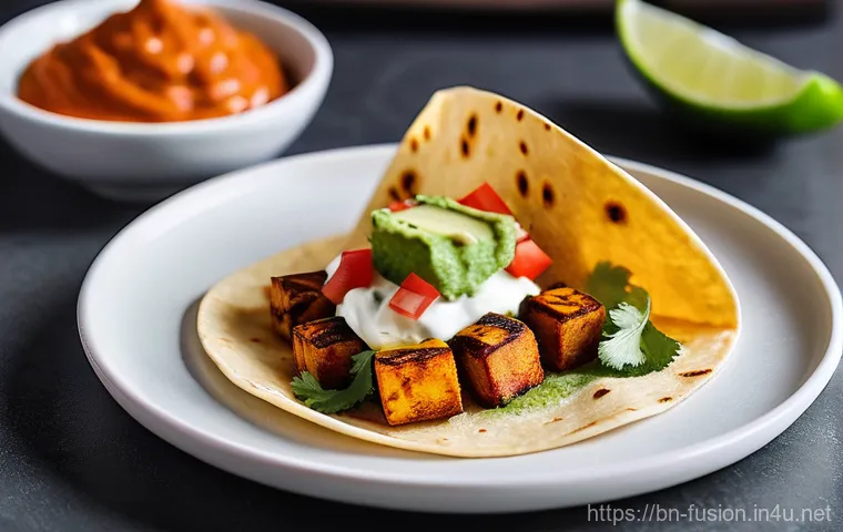 퓨전 타코 원산지 정보 - **A Vibrant Korean Bulgogi Fusion Taco in a Bustling Night Market:**
    A close-up, mouth-watering ...