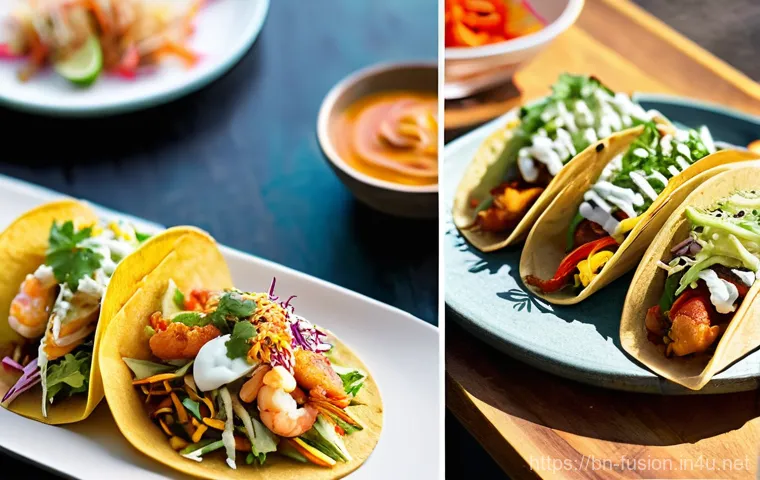 퓨전 타코 원산지 정보 - **An Artfully Plated Indian Paneer Tikka Fusion Taco in a Modern Culinary Setting:**
    An overhead...