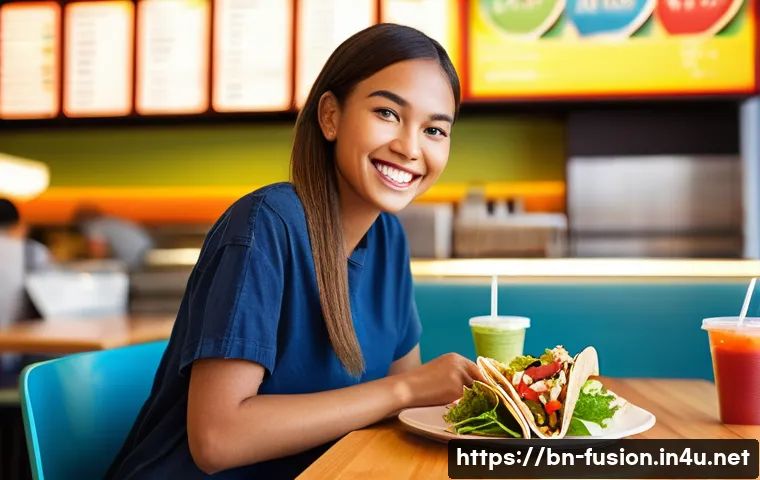 퓨전 패스트푸드의 영양 가이드 - **Prompt for Smart Fusion Choices:**
A vibrant, sunlit scene inside a modern, clean fusion fast ...