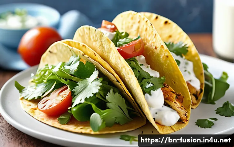 퓨전 타코의 고단백 소스 - **Prompt 1: Fresh and Creamy Greek Yogurt Chicken Tacos**
"A vibrant, close-up shot of two perfe...
